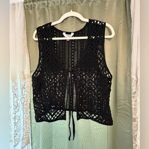 Crochet Cardigan Black Vest Hippie Boho Festival Witchy Western Open Knit 2XXL